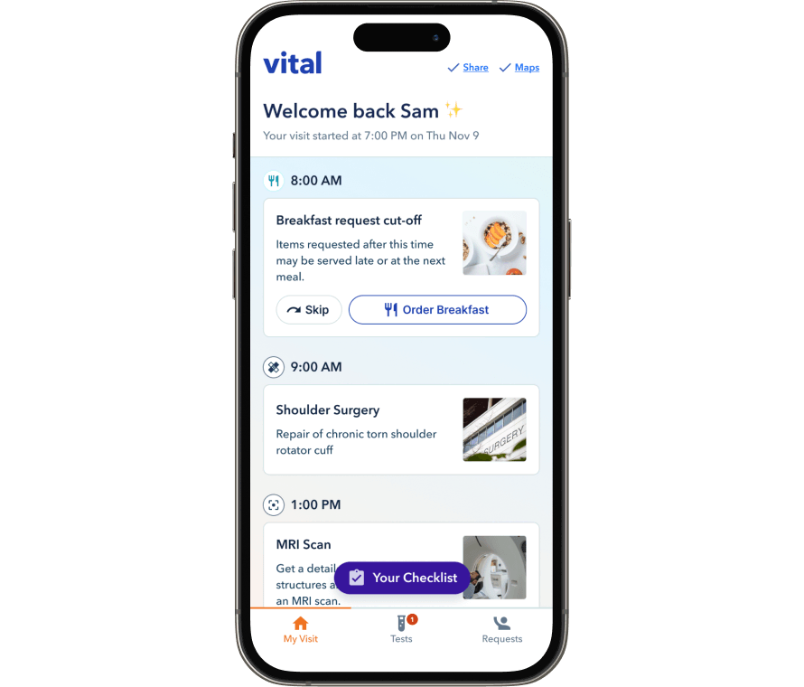 Vital CareAdvisor home page on mobile phone app