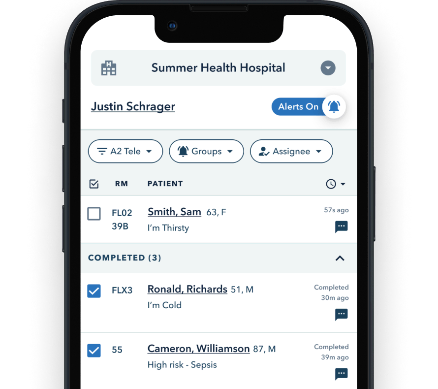 Vital Care Team task list on mobile phone app
