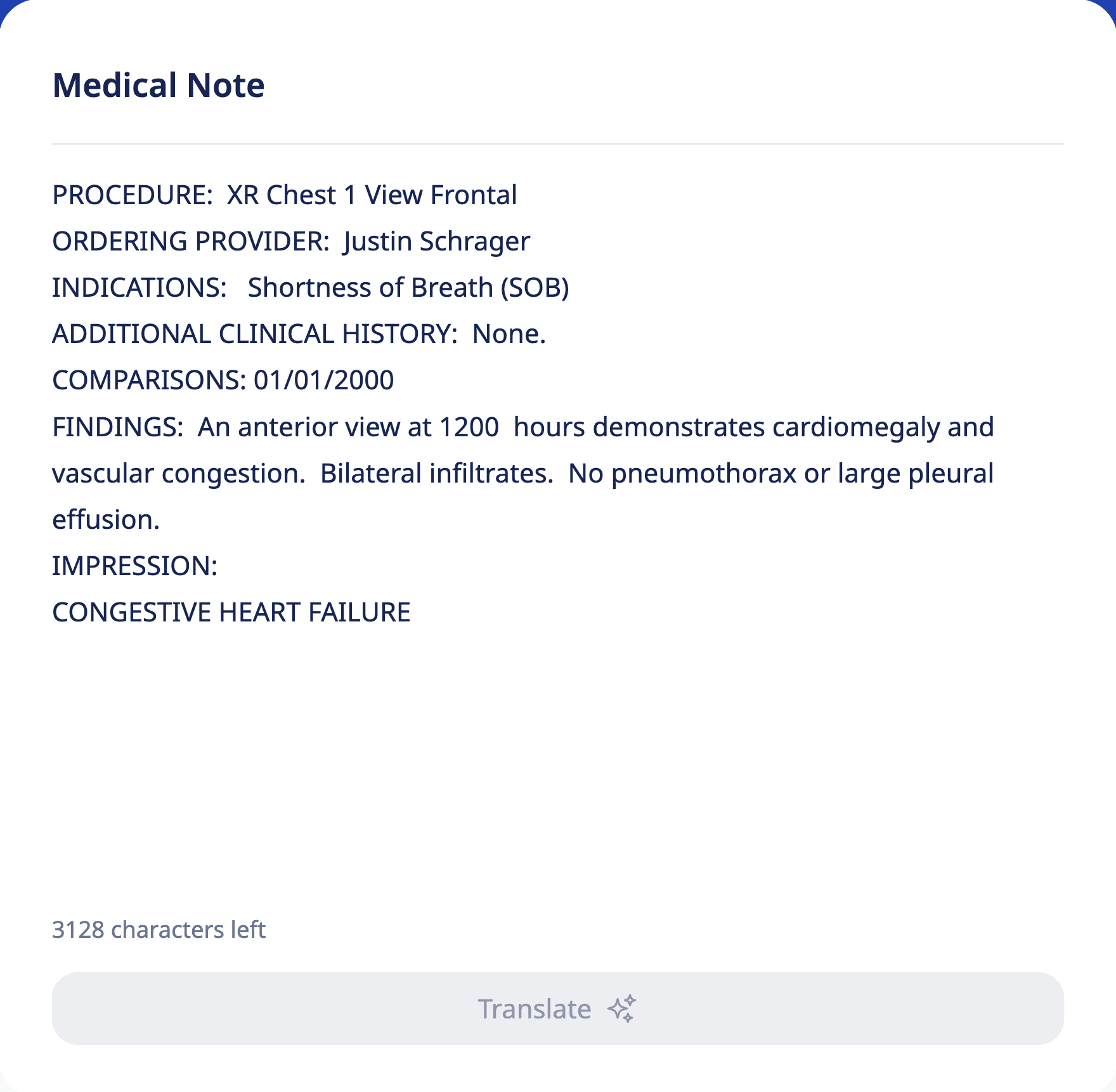 Screenshot of the input area on the Vital Doctor-to-Patient Translator