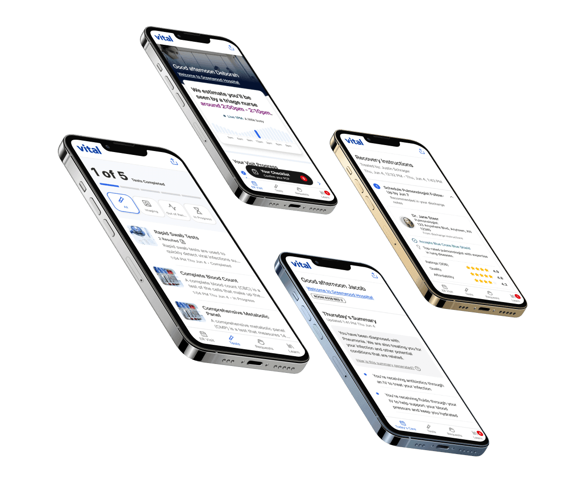 Vital app screens — ER wait times, lab results, recovery instructions, care summary