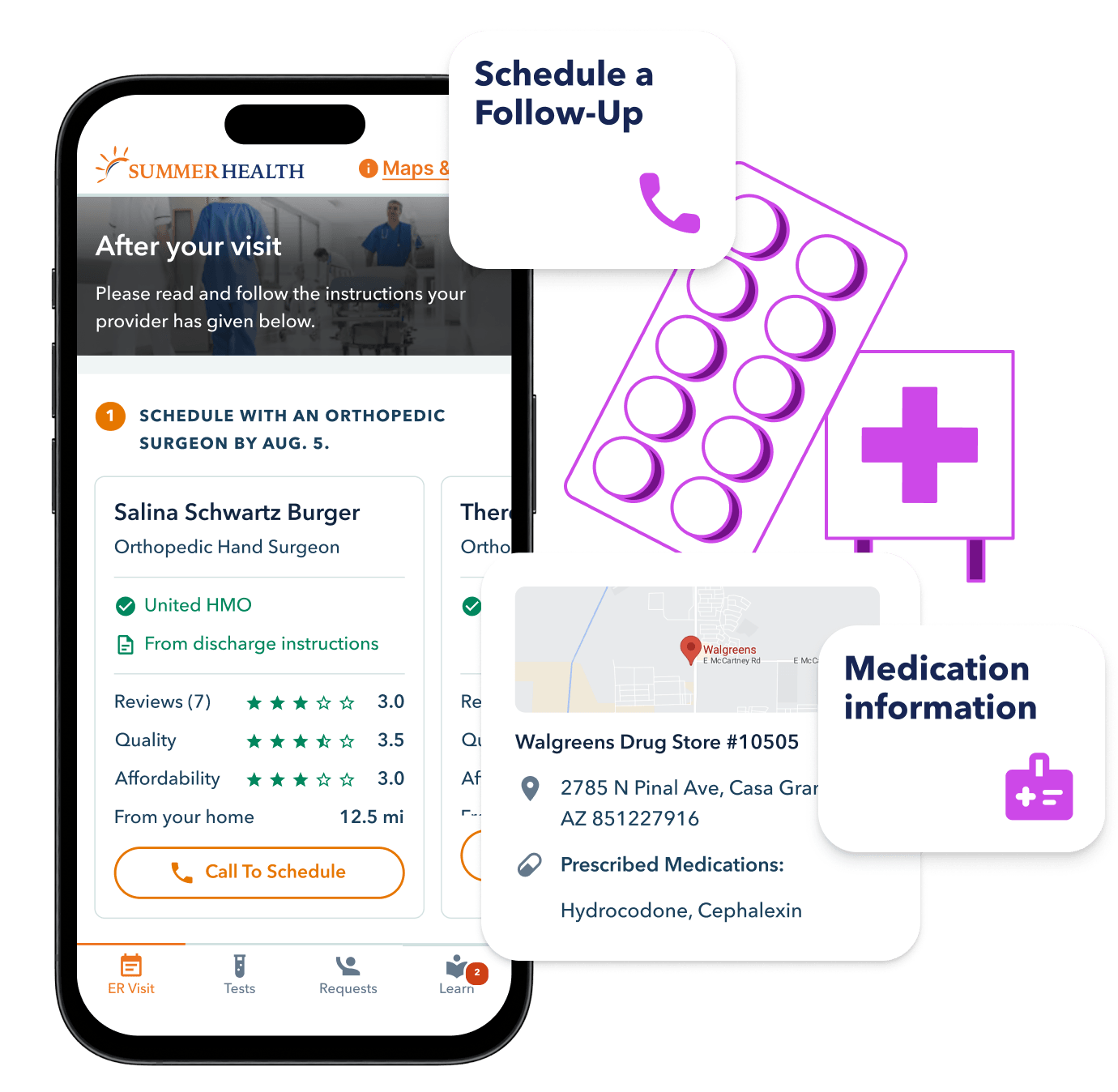 Illustration of Vital app on mobile phone and discharge notifications