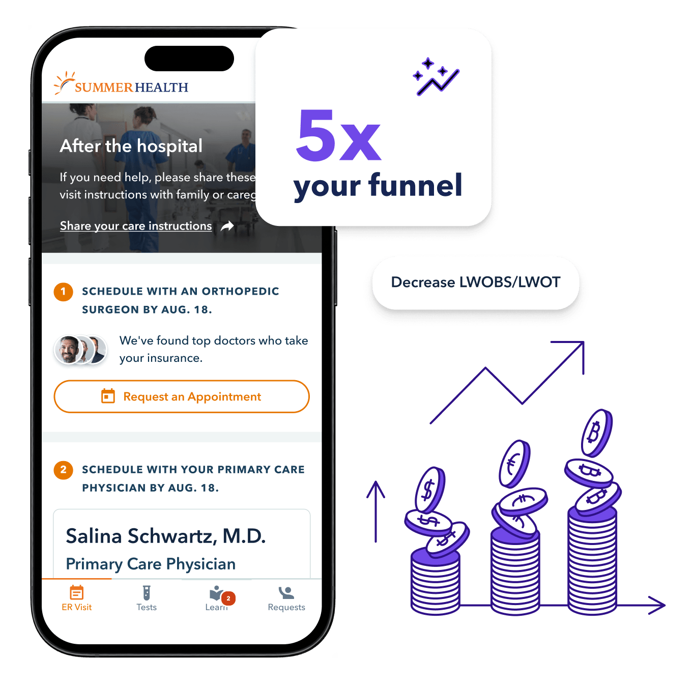 Illustration showing Vital app on mobile phone and graphs of revenue increase