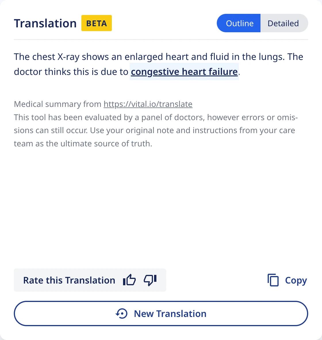 Screenshot of the output area on the Vital Doctor-to-Patient Translator