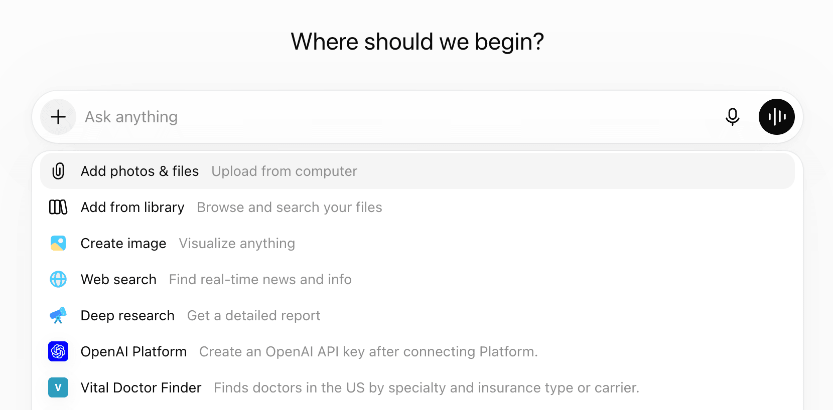 You can invoke Vital Care Finder using the (+) on the left-hand side of the ChatGPT window.