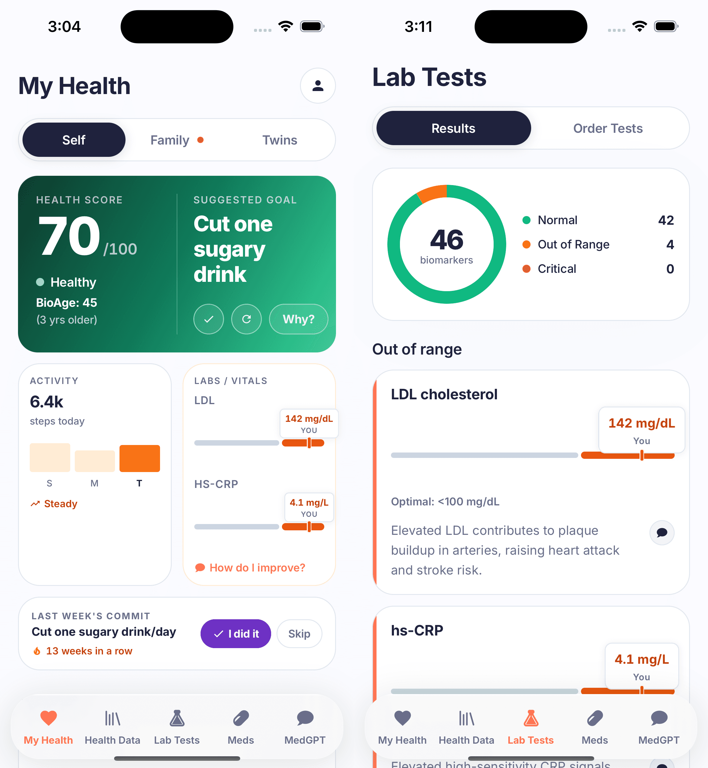 Vital Atlas mobile home screen with health score, BioAge calculation, weekly suggestion, activity monitor, lab values to work on, and navigation to full health records.