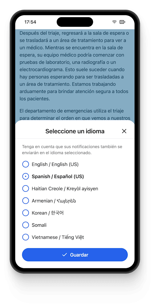Vital app in spanish on mobile phone