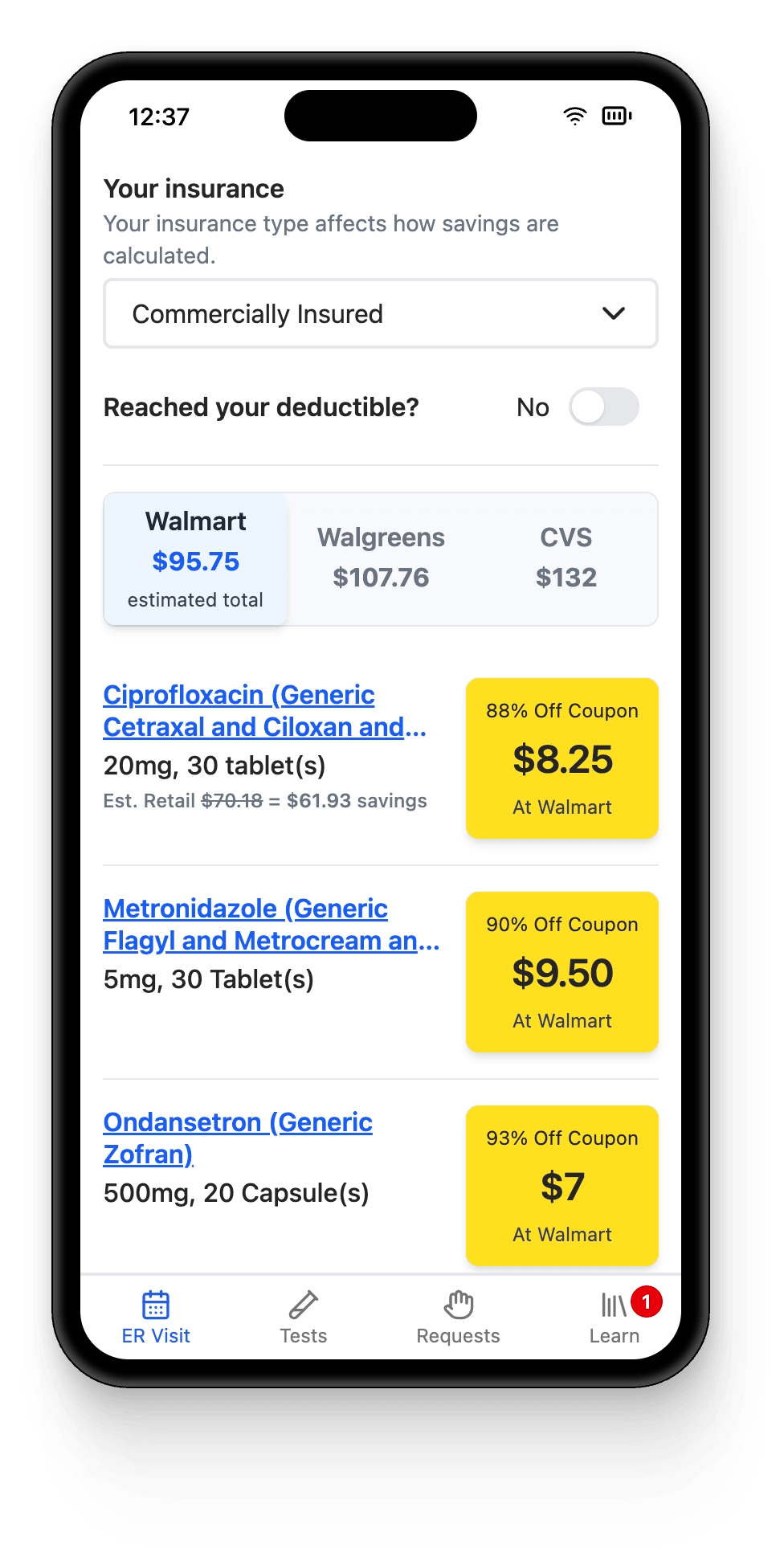 Screenshot of the post-discharge Medications coupons showing cost at nearby name-brand pharmacies. Savings are calculated based on insurance type and whether your deductible has been reached.