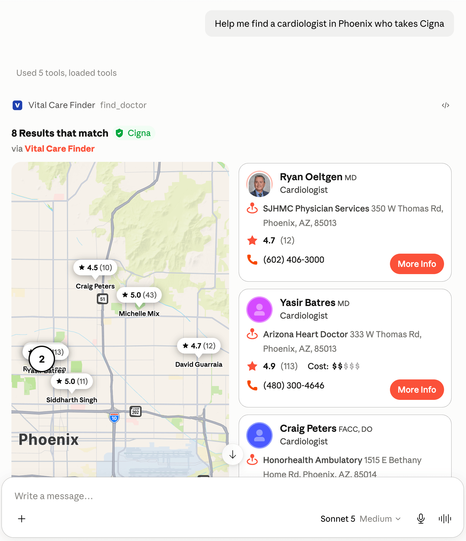 Shows Vital Care Finder being invoked as a tool call on Claude, specifically using the find_doctor MCP which takes specialist type, geography, and insurance plan.